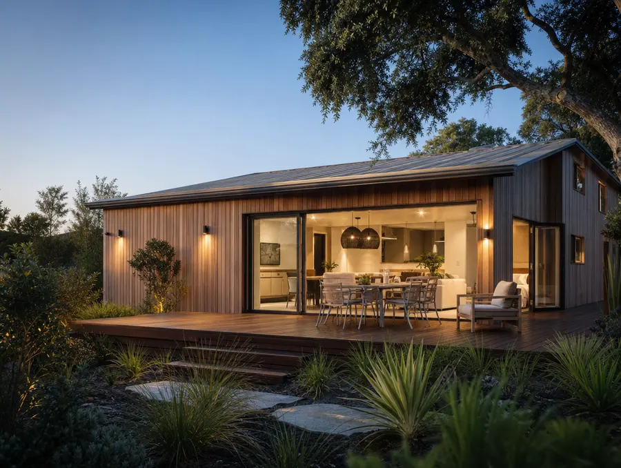 New cedar-clad single-storey home at dusk