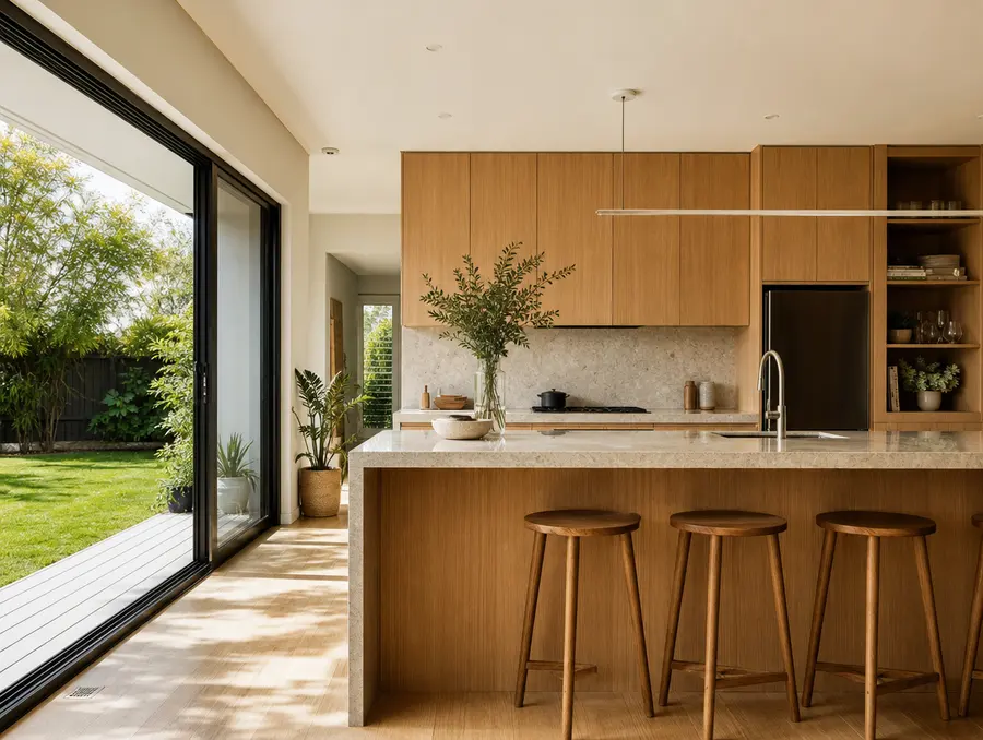 Finished kitchen extension with oak cabinetry and garden doors