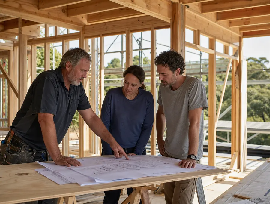 Builder and homeowners reviewing plans inside a framed house