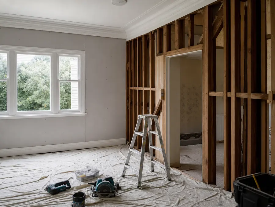 Villa renovation mid-project, exposed framing beside new plasterboard