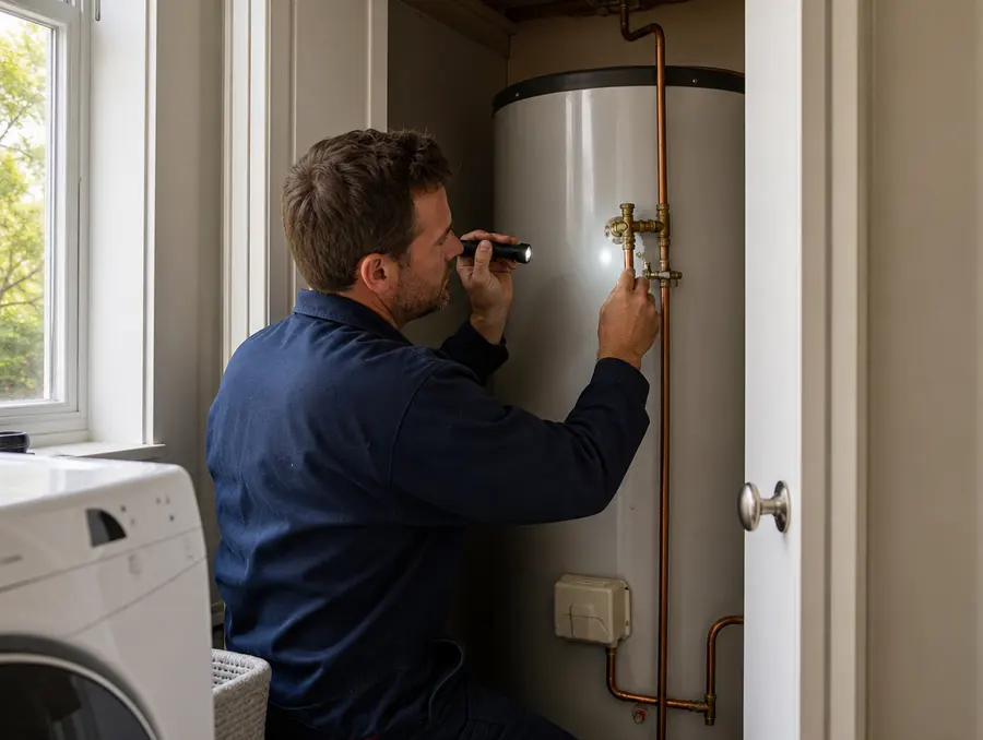 Plumber checking a hot water cylinder's relief valve