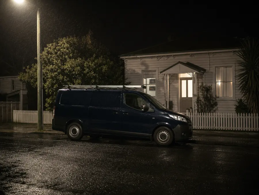 Redwrench van outside a Wellington home at night